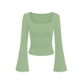 thumbnail image 7 of BRGZLK Bell Long Sleeve Shirts for Women Trendy Soft Stretchy Ribbed Knit Square Neck Slim Fit Tops for Going Out Casual Fall Winter Outfits Green 2XL, 7 of 7
