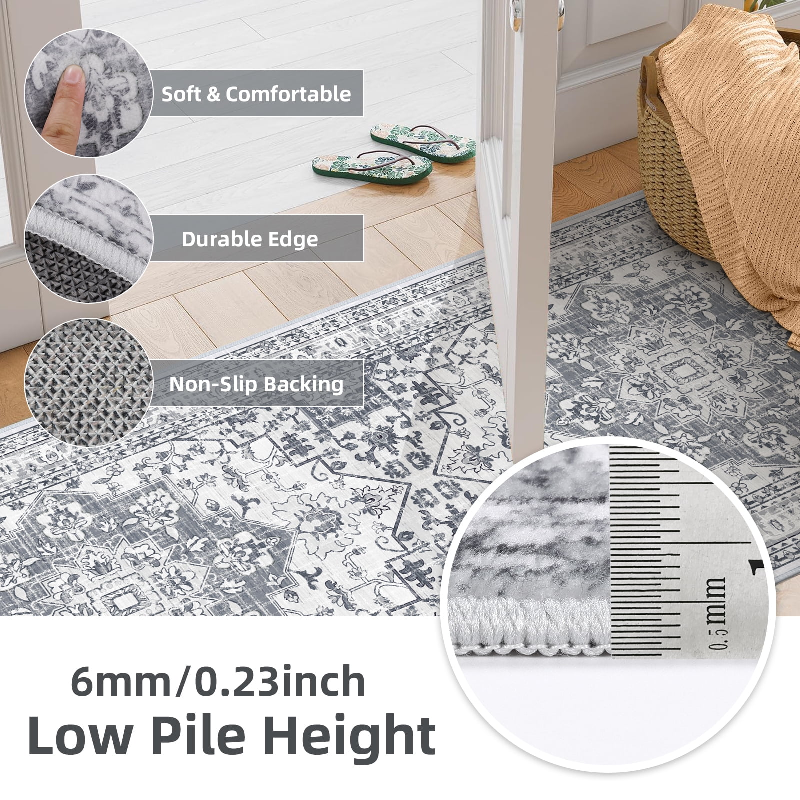 Findosom 3pcs Kitchen Rugs Set,Washable Boho Farmhouse Kitchen Mats for Floor,Non Slip Kitchen Floor Mat Carpet Runner Rugs for Entryway Hallway Laundry Home Decor 20"x32"+20"x47"+20"x59" Gray