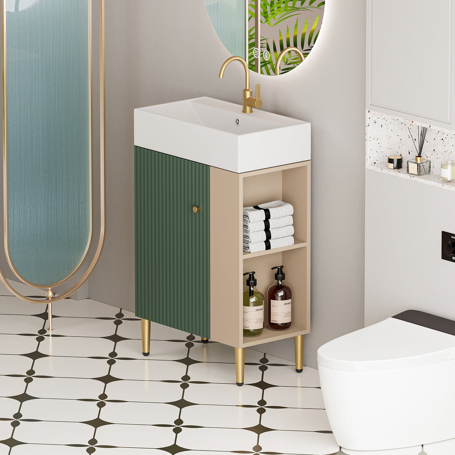 Demi Bonn 21" Bathroom Vanity with Ceramic Sink and Soft-Closing Door, Cloakroom Open Shelf Storage Cabinet on the Right Side, Faucets and Drains Not Included, Green