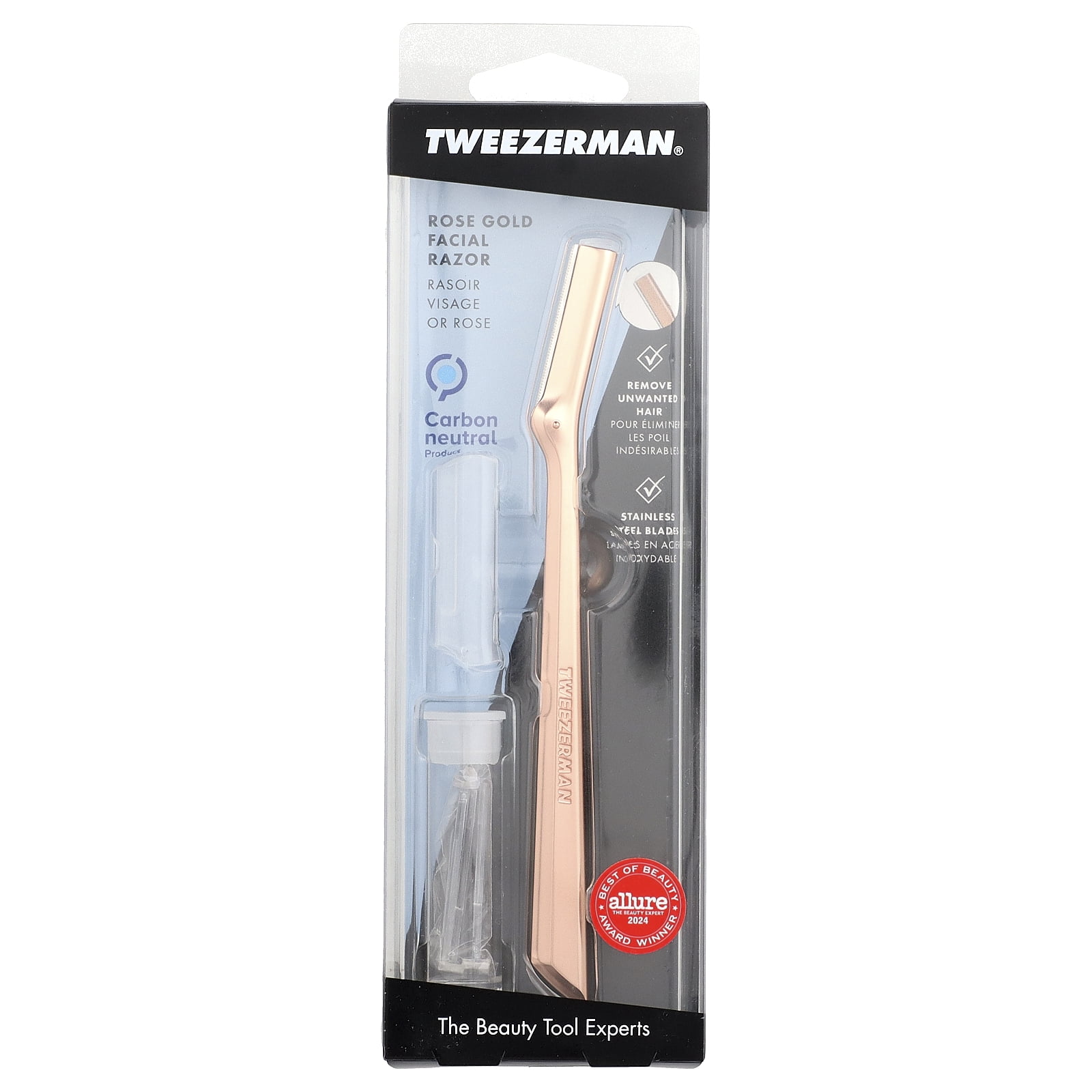 Tweezerman Rose Gold Facial Razor, Stainless Steel Blades, 5 Piece Set