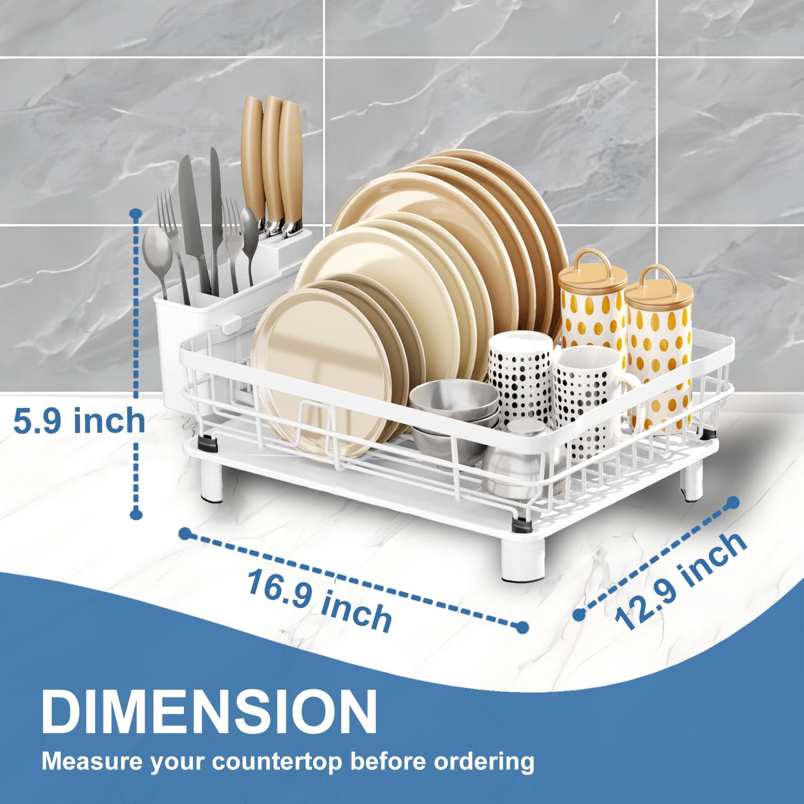 Dish Drying Rack Over Sink with Drainboard, 1-Tier White Organizer for Plates Cups Bowls Utensils Pots Pans