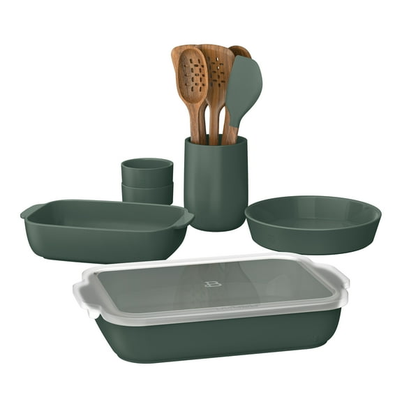 Beautiful 12-Piece Stoneware Bakeware & Kitchen Tools Set, Thyme Green by Drew Barrymore