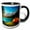 Black/White, variant on 3drose, Orange Tent by the Mountain Lake on a Sunny Day. Happy Camper Gift, 11oz Two-tone Black Mug