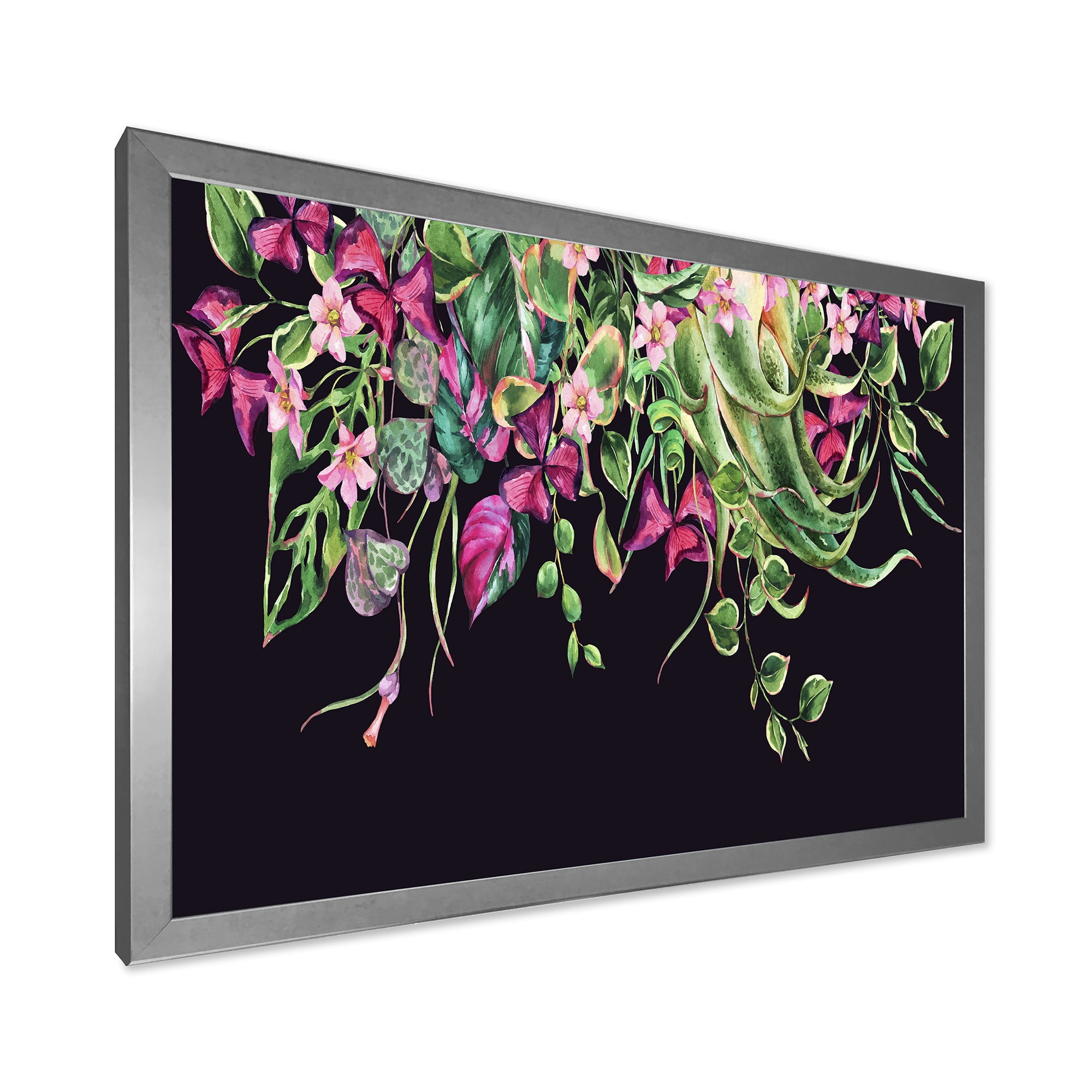 Designart 'Floral Tropical Leaves On Black Background' Farmhouse Framed Art Print
