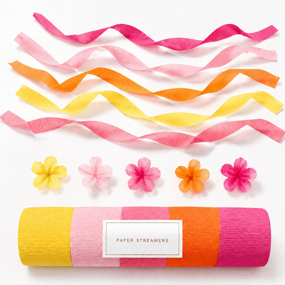 Retro Orange Pink Crepe Paper Streamers, 5 Rolls Hanging Garland for Sunset Party Birthday Thanksgiving Backdrop Decor (1.8 x 82 Ft Each)