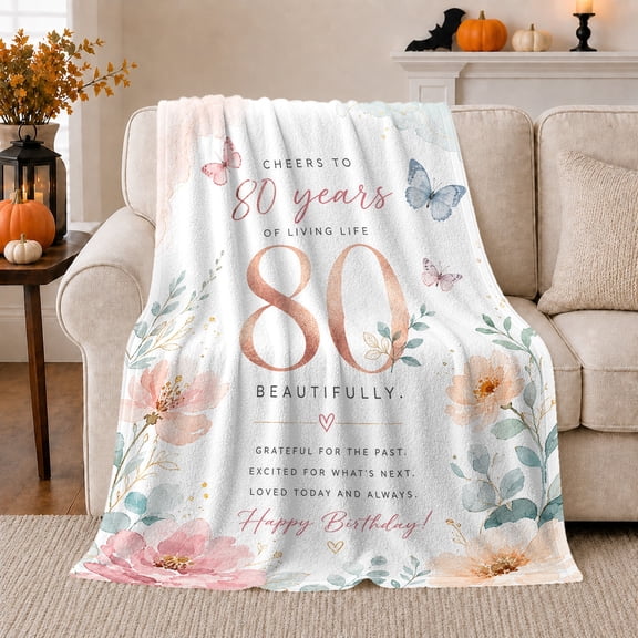 Floral 80Th Birthday Celebration Butterfly, Cozy Friendship Quote Scene, Warm Flannel Blanket for Living Room and Reading Nook, Art Lovers Appreciation Gift, Artistic Home Decor