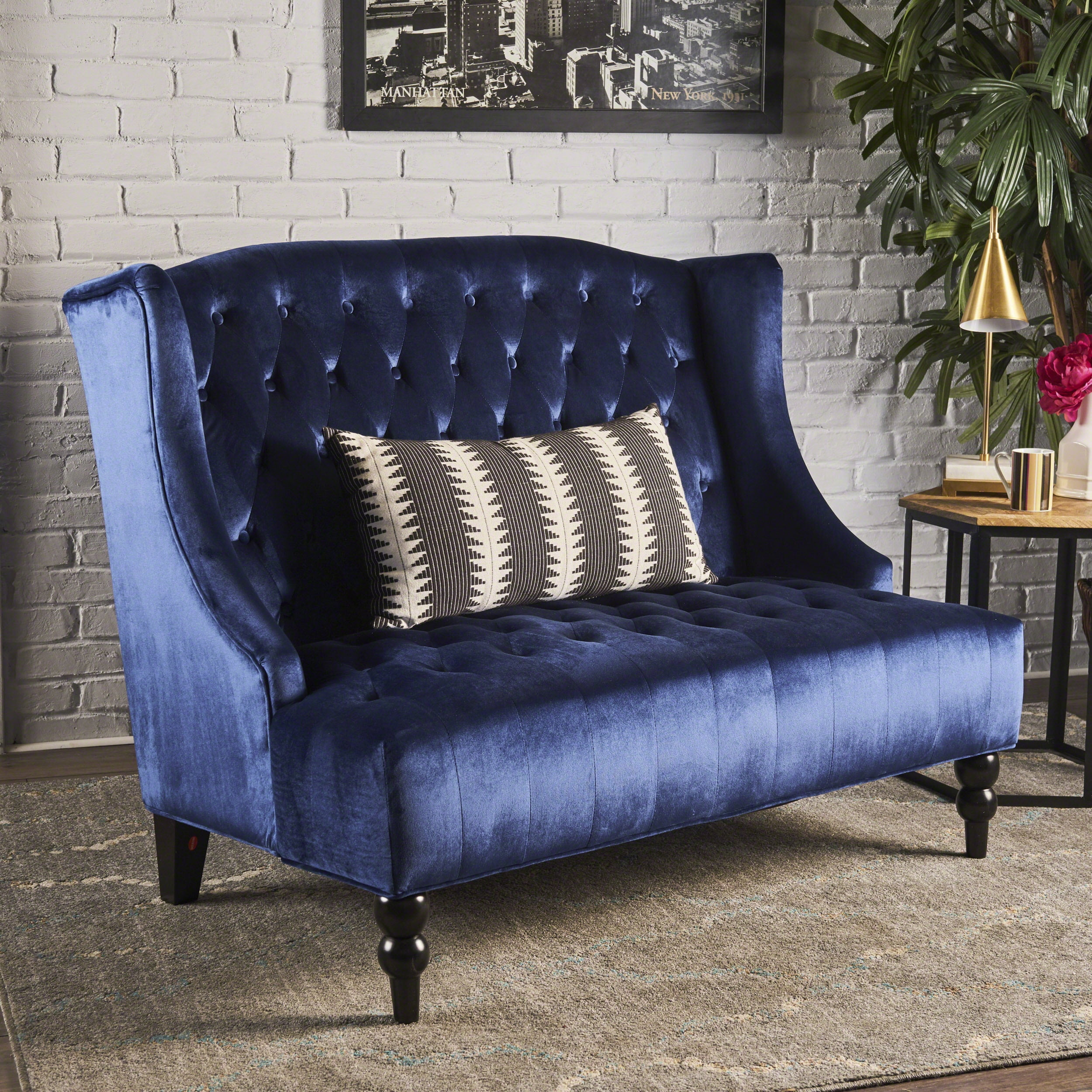 Noble House Lawrence Modern Glam Tufted Velvet Wingback Loveseat, Navy