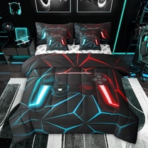 Feelyou Cartoon Game Console Twin Bedding Sets 7-Piece for Kids, Neon Glowing Honeycomb Bedding Comforter Set, Cyan Red Gaming Gamer Reversible Sheet Sets, Lightweight Room Decor