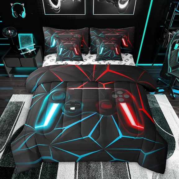 Feelyou Cartoon Game Console Twin Bedding Sets 7-Piece for Kids, Neon Glowing Honeycomb Bedding Comforter Set, Cyan Red Gaming Gamer Reversible Sheet Sets, Lightweight Room Decor