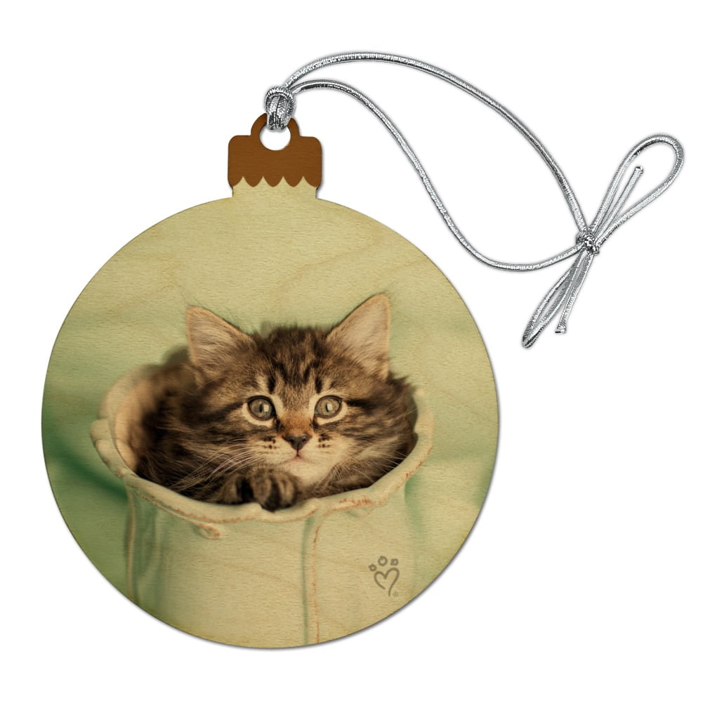 Manx Kitten Cat Vase Wood Christmas Tree Holiday Ornament