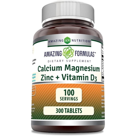 Amazing Formulas Calcium Magnesium Zinc   D3 300 Tablets Supplement | Calcium 1000mg - Magnesium 400mg - Zinc 25mg Plus Vitamin D3 600 IU | Non-GMO | Gluten-Free