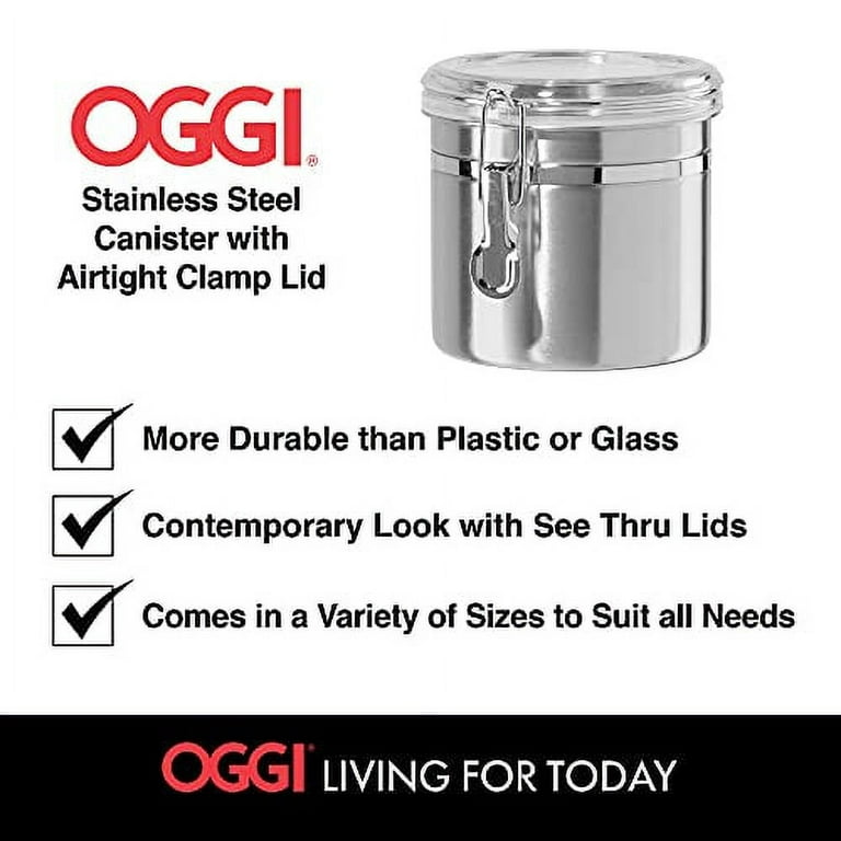 Oggi Stainless Steel Kitchen Canister 62 fl oz - Airtight Clamp Lid, Clear  See-Thru Top - Ideal for Kitchen Storage, Food Storage, Pantry Storage.
