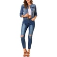 thumbnail image 3 of INSPIRE CHIC Women's Button Down Collarless Long Sleeve Cropped Denim Jacket XS Blue, 3 of 9