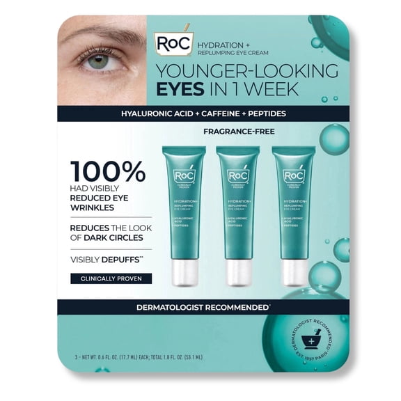RoC Hydration Replumping Under Eye Cream, Hyaluronic Acid, Caffeine & Peptides, Anti Aging Eye Cream for Puffiness, Wrinkles & Dark Circles, 0.6 oz Each (Pack of 3)