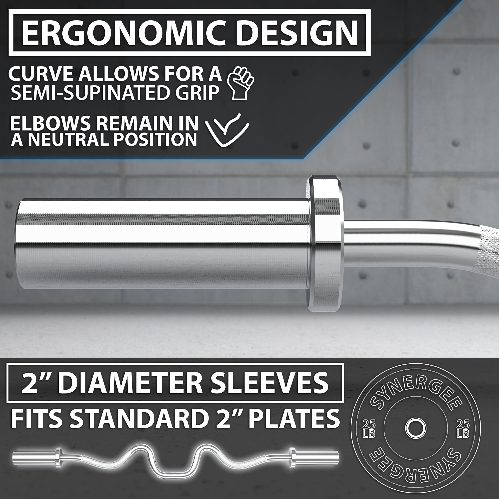 Synergee Commercial Super Easy Curl Olympic Bar Chrome with Powder Coated Brass Bushings Excellent for Bicep Curls and Triceps Extensions