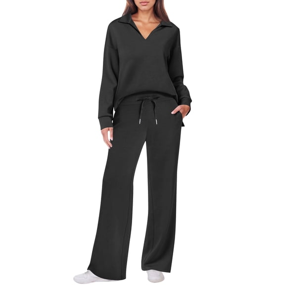 Fall Outfits for Women 2025 2 Piece Lounge Sets Long Sleeve Sweatshirt and Wide Leg Pants Tracksuits Casual Sweatsuit Black L