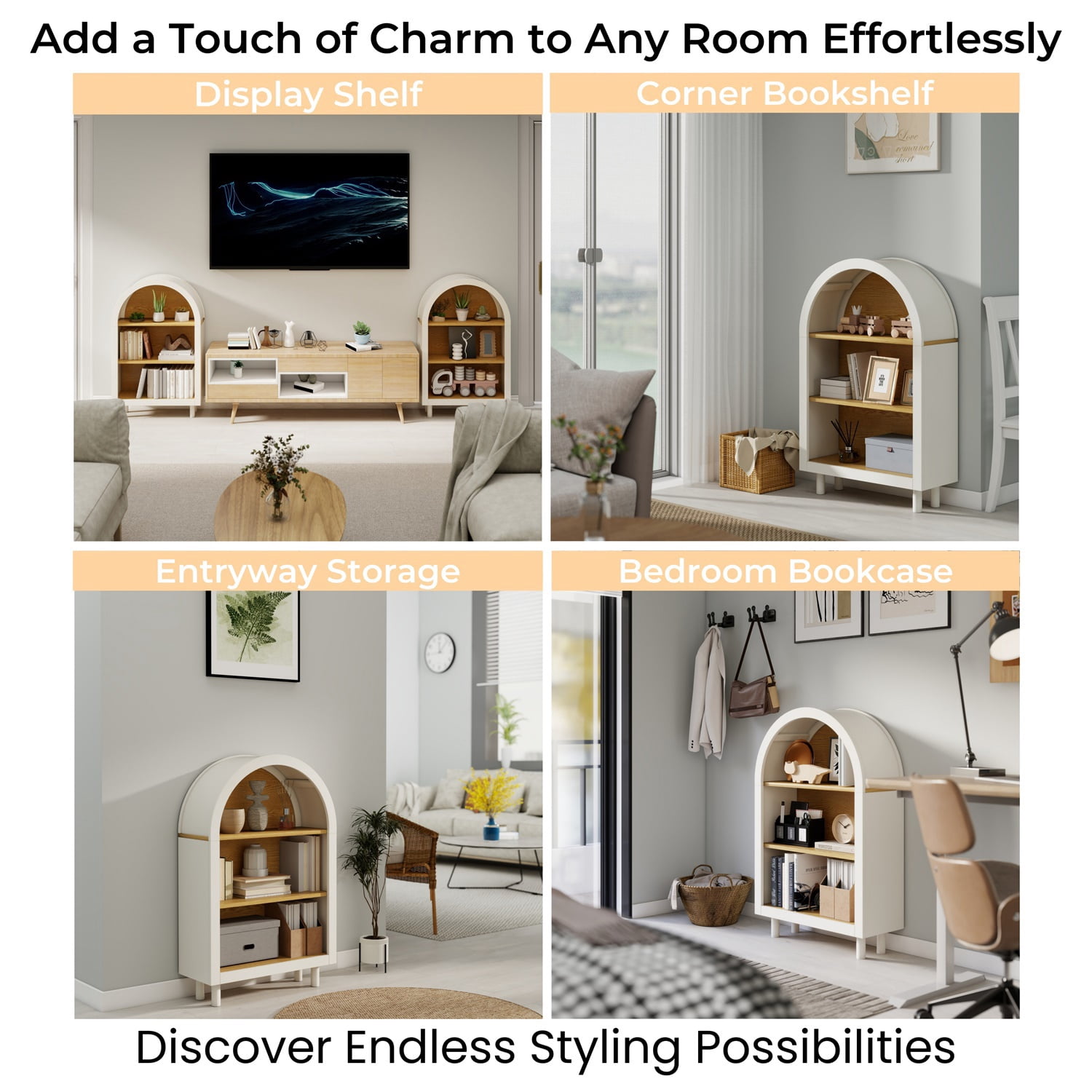 Hommoo 3-Tier Shelves Arched Bookcase Storage Cabinet,Wooden Modern 37.4"H Arched Top Bookshelf for Living Room, Bedroom, Entryway, White Oak