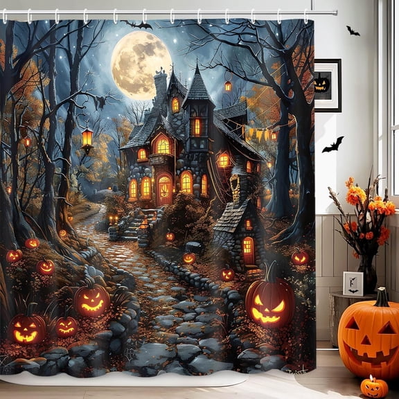 Halloween Shower Curtain Spooky Haunted House Full Moon Jack O Lantern Pumpkin Night Forest Waterproof Fabric Bathroom Decor with Hooks 71x71 inches