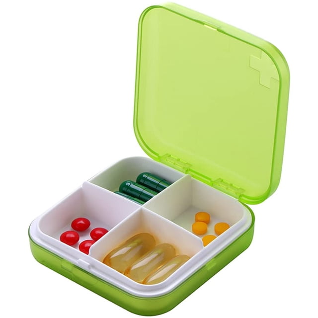 Pill Organizer - Portable Pill Box Small Pill Container for Purse or Pocket, Excellent Pill Storage Case (Green, 4 Compartment)