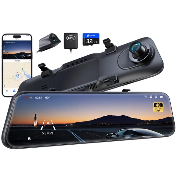 Pelsee P12 Pro 4K Mirror Dash Cam w/ADAS and BSD, 5.8GHz WiFi 20MB/s Download, Rear View Mirror Camera 4K Front and 1080P Rear, V