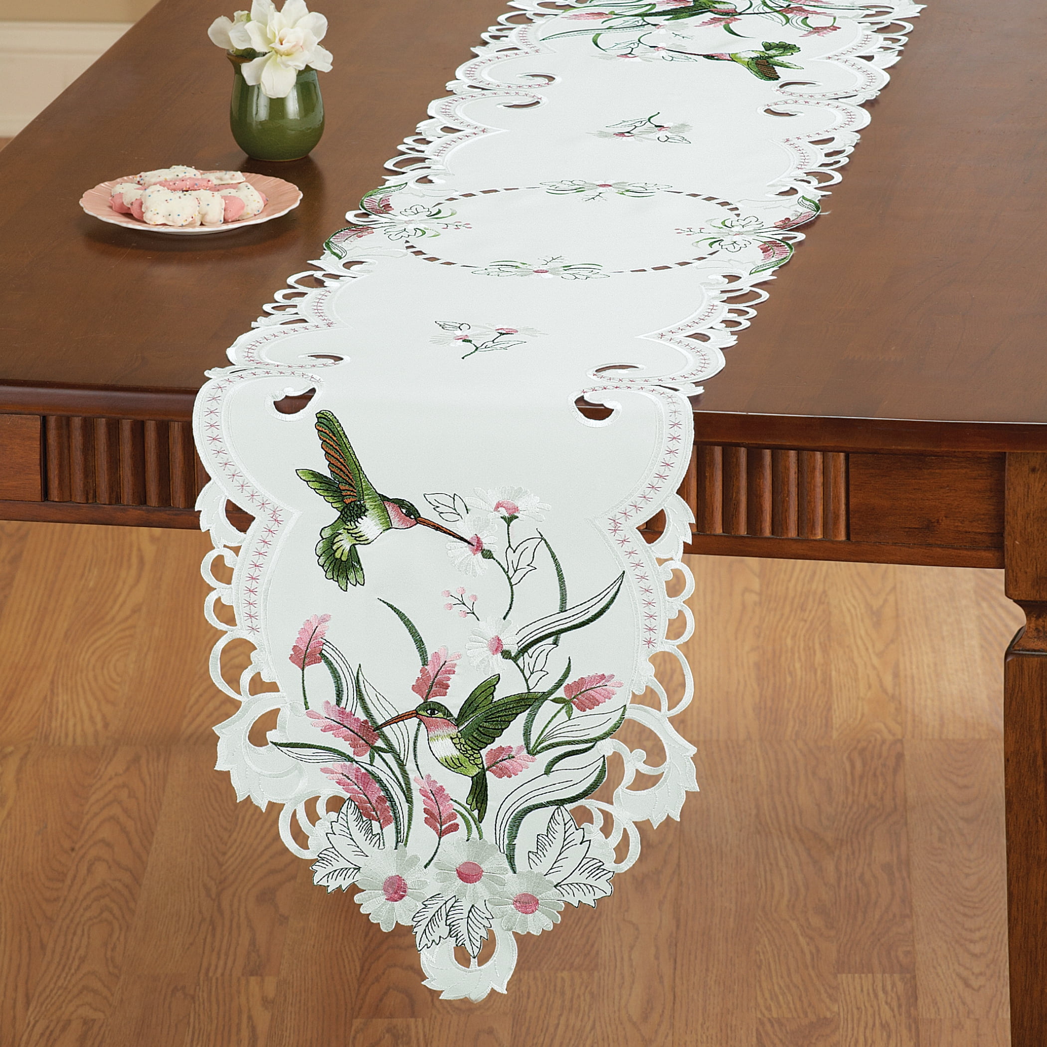 Butterfly Table runner Doily Tablecloth Ecru with coloured Flower Embroidery 