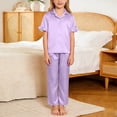 thumbnail image 2 of POIUYTR Girls 3 Piece Lounge Sets Casual Short Sleeve Button Shirts Striped Shorts and Pants Kids Loose PJs Sets, 2 of 6