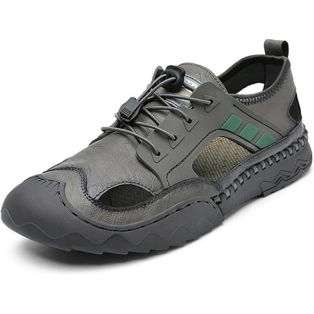 Mens Genuine Leather Breathable Hollow Sports Sandals Casual Closed Toe Outdoor Fisherman Shoes Summer Beach Waterproof Anti-Slip Flat Sandals