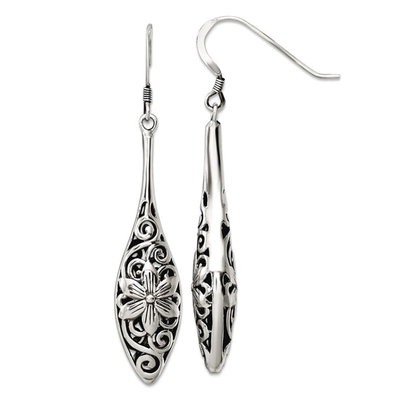 925 Sterling Silver Polished Oxidized Floral Teardrop Shepherd Hook Earrings 51x10mm Wide Stud Earring for Women