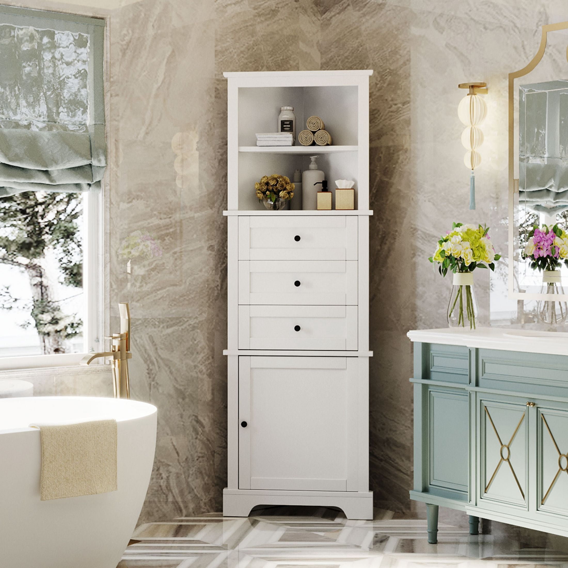 AENKYO Corner Bathroom Cabinet with Adjustable Shelves, Corner Cabinet with Open Spaces and Drawers, White