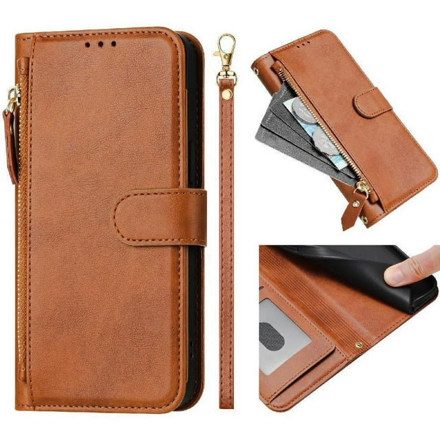 Filp Case for TCL 406 Zipper Pocket Magnetic Flip Wallet Phone Case with 7 Card Slots and Wrist Strap