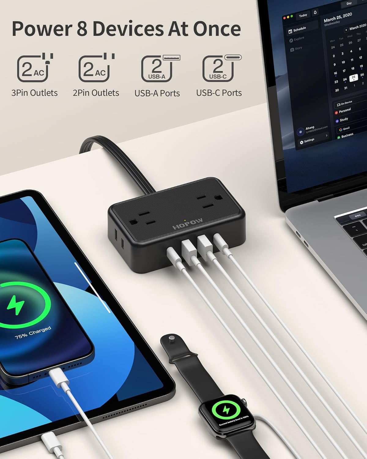 JJEAN-Flat Plug Extension Cord, 6 Ft Ultra Thin Power Strip, 4 AC Wide Spaced outlets and 4 USB (2 USB-C) Ports, No Surge Protector for Cruise Ship, Travel, Dorm Room Essentials (Black)