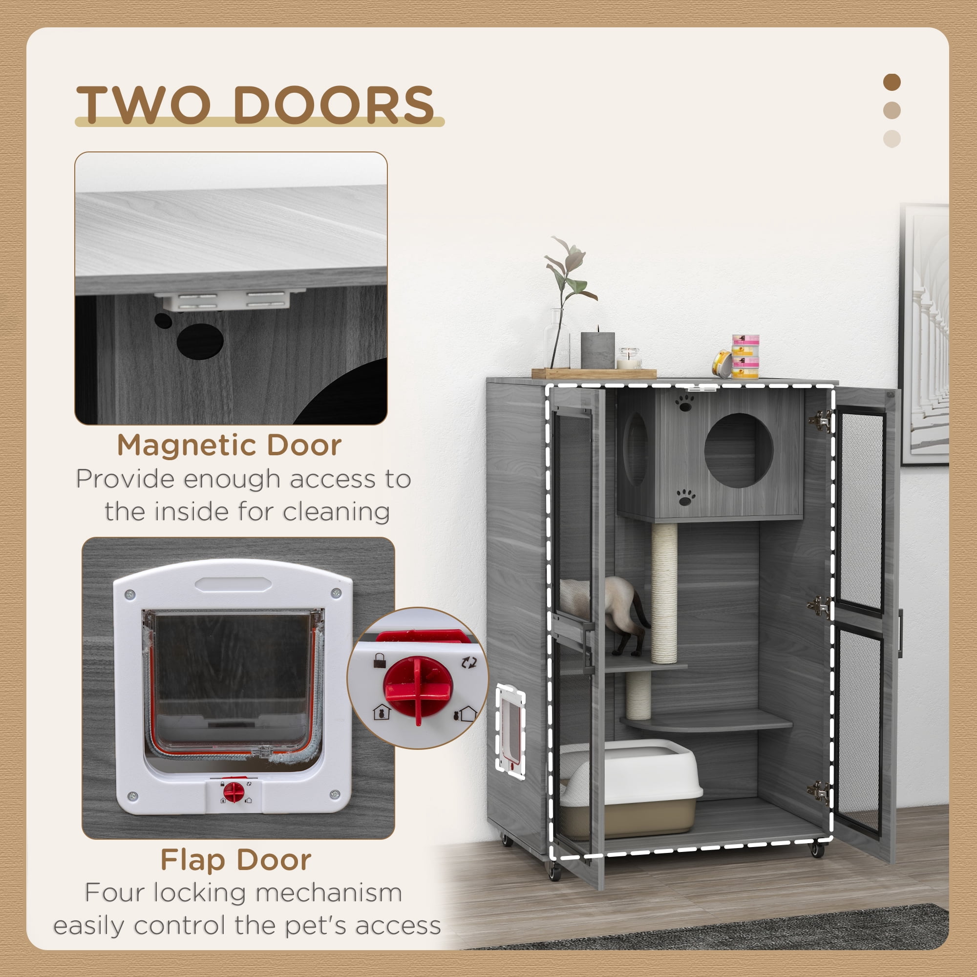 PawHut Cat House with Cat Tree Kitty Cage with Scratching Posts Condo Wheels Flap Door, Gray, 31.5" x 20" x 48.5"