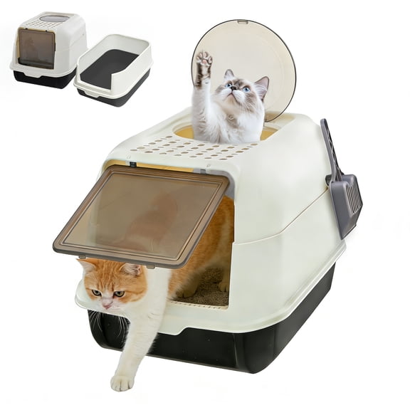 GARITIN Cat Litter Box with Lid, Enclosed Cat Box with Double Door and Scoop, Splash-Proof and Leak-Proof Urine High Edge and Odorless Covered Litter Box, Easy to Installation and Clean