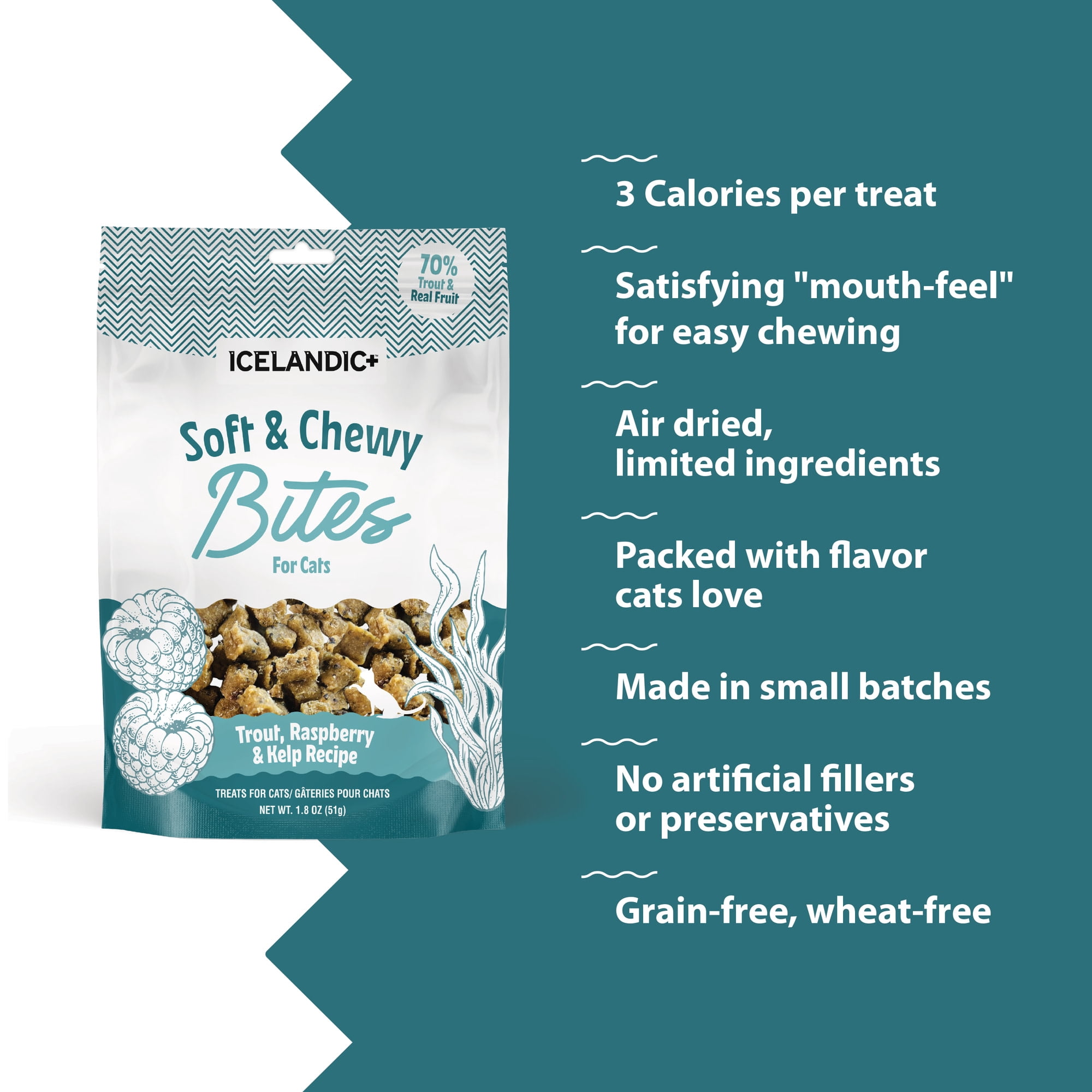 Icelandic+ Soft & Chewy Bites - Trout, Raspberry & Kelp - 1.8oz Cat Treats, 70% Meat & Fruit, Air-Dried, Limited Ingredients, Pet Snack, Grain Free