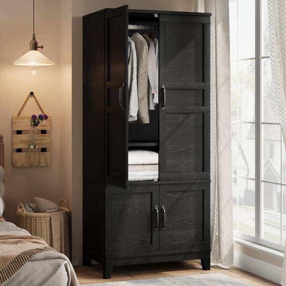 Armoire Wardrobe Closet with 4 Doors, 72 in Wooden Wardrobe Cabinet with Hanging Rod, Freestanding Tall Clothing Armoire Storage Cabinet with Adjustable Shelves for Bedroom, Black