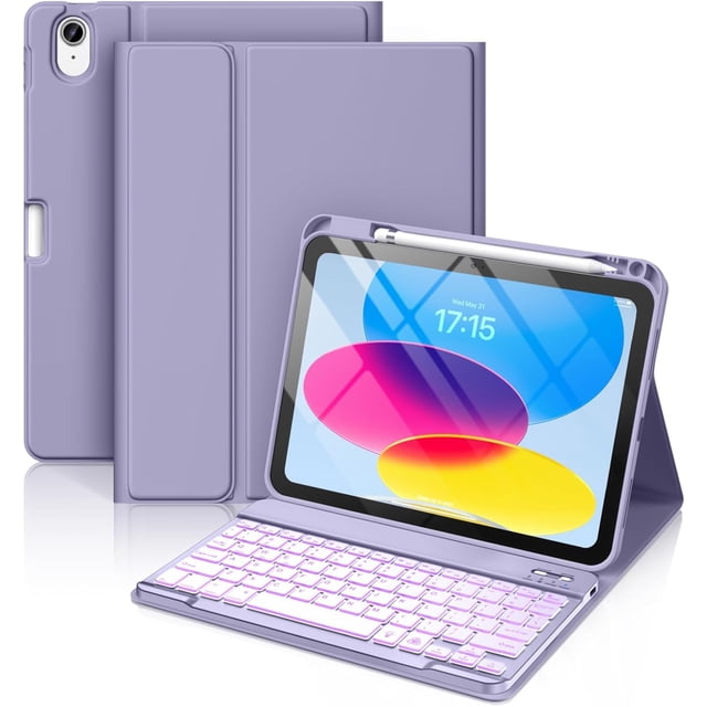 Funda con Teclado para iPad 10 Generación - Teclado Inalámbrico Desmontable de 7 Colores con Soporte para Lápiz para iPad A16 de 11 Pulgadas 2025, 10ª Generación 10.9 Pulgadas 2022, Azul Marino