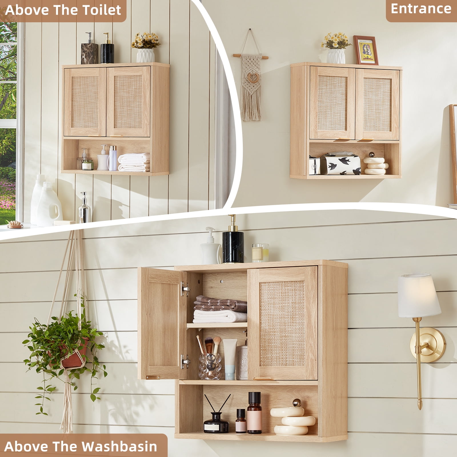 Leyaoyao Boho Bathroom Cabinet Wall Mounted with Doors, Wood Hanging Cabinet, Adult Wall Cabinets with Shelves Over The Toilet, Natural Oak