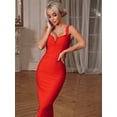 thumbnail image 4 of Red Womens Spaghetti Strap V-Neck Bodycon Midi Dress, Elegant Cocktail Party Gown, 4 of 8