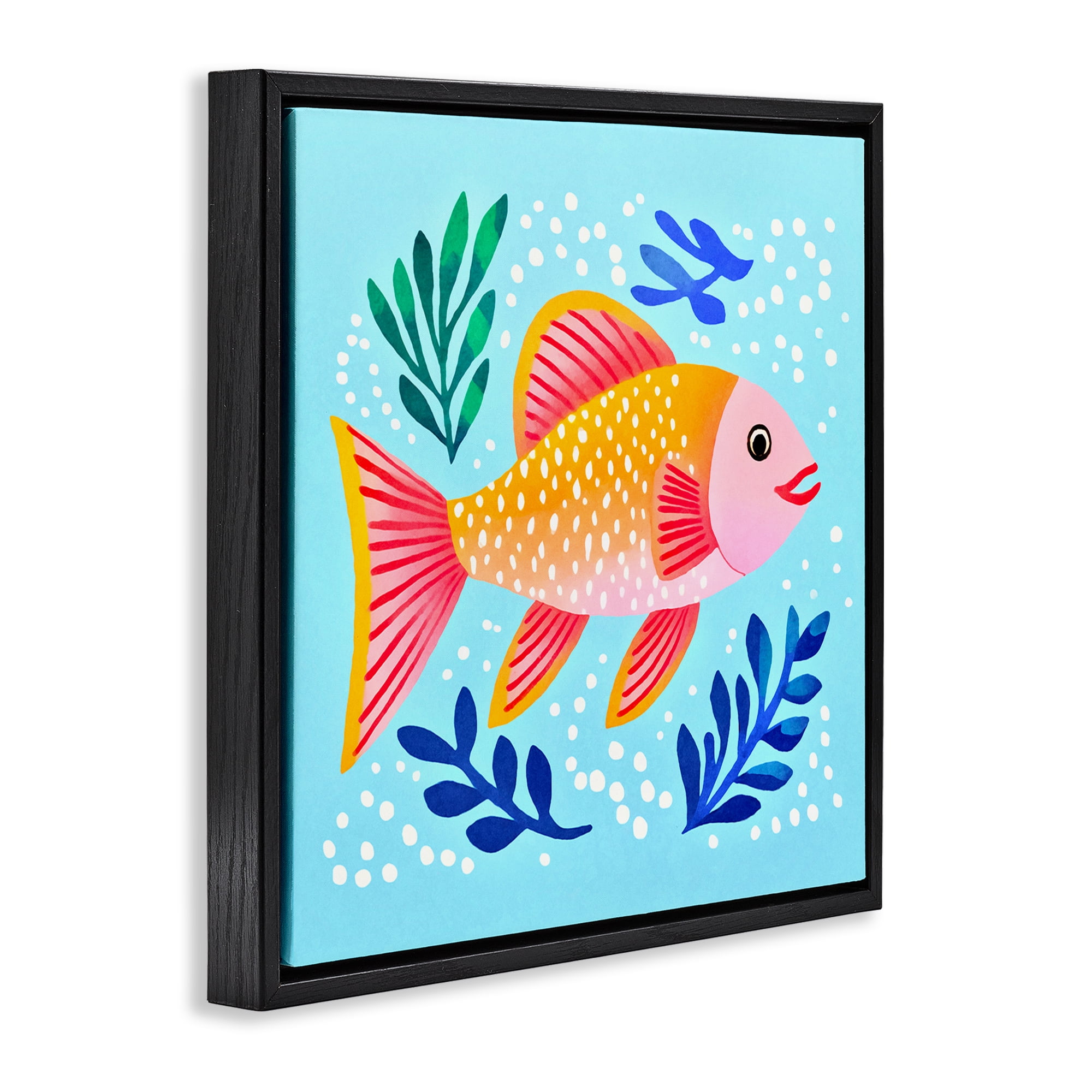 Stupell Industries Whimsical Fish & Seaweed Animals Painting Black Floater Framed Canvas Art Print Wall Art, 25 x 25