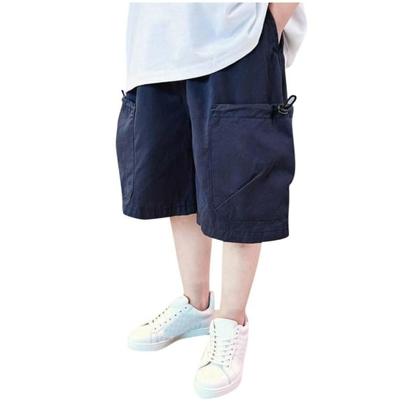 Eltusu Boys Cargo Shorts, Cotton Relaxed Fit Knee Length Elastic Waistband Summer Shorts with Pockets Navy Size 4-14 T