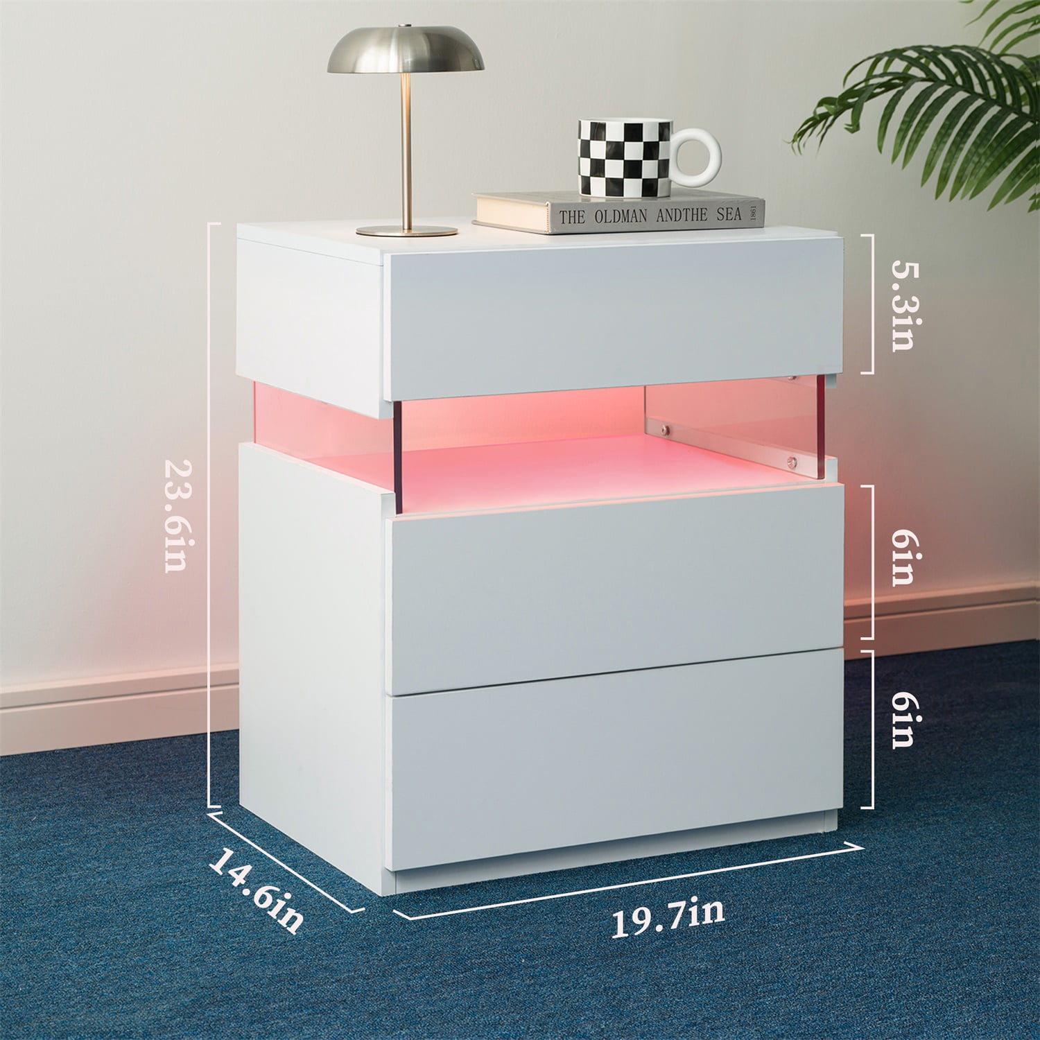 Hommoo 3 Drawer Dresser LED Nightstands, End Table Bedside Tables for Bedroom, Living Room, White
