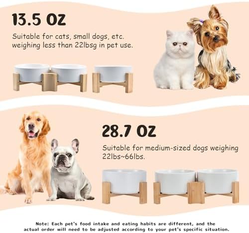 15° Slanted Ceramic Dog and Cat Bowl with Wooden Stand, Tilted Bulldog Food and Water Bowl No Slip Non-Spill for Cats Medium Dogs Big Face Pets 28.7 OZ (3.6 Cups, White)