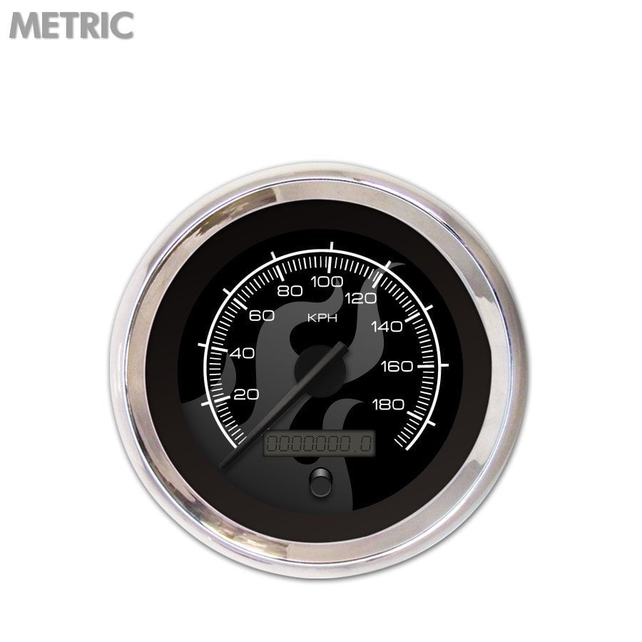 Speedometer GaugeMetric Ghost Flame Black Black Modern Needles Chrome