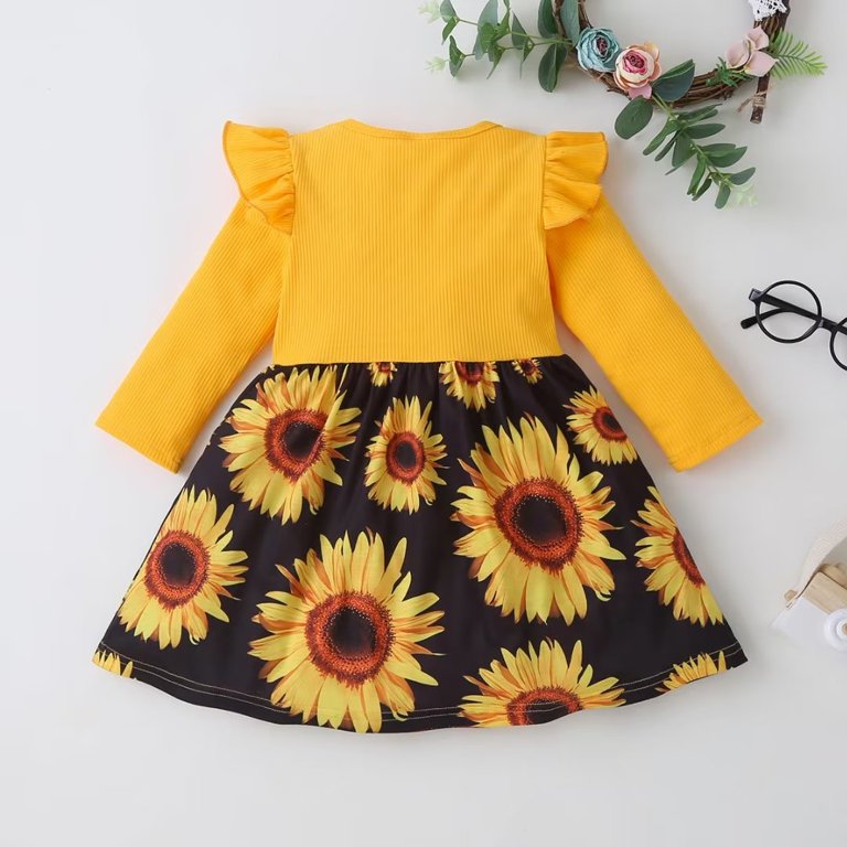 New Kids Dresses for Girl Sweet Cotton Flying Long Sleeve Bow Button  Sunflower Print Dress Baby Girl Clothes 2-12Y - Walmart.com