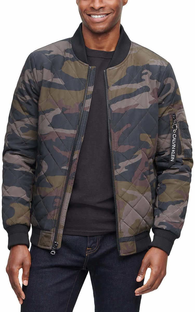 Calvin Klein Mens Lightweight Quilted Bomber Jacket(Olive Camo M) -  