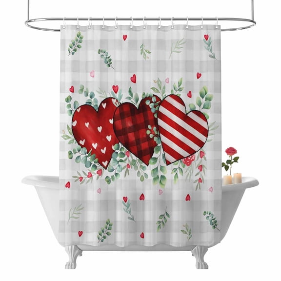 Valentine's Day Shower Curtain Red Love Heart Bathroom Curtains with Hooks, Waterproof Fabric Grey Buffalo Stripes Eucalyptus Leaves Bath Shower Curtains Set for Bathroom Bathtubs Decor 72x72 Inch