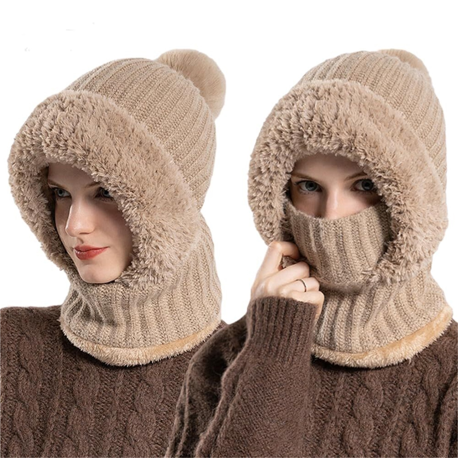 3 in 1 Beanie Hat for Women, Winter Warm Knitted Balaclava Scarf with Face Cover, Windproof Fleece Lined Ski Snow Hat
