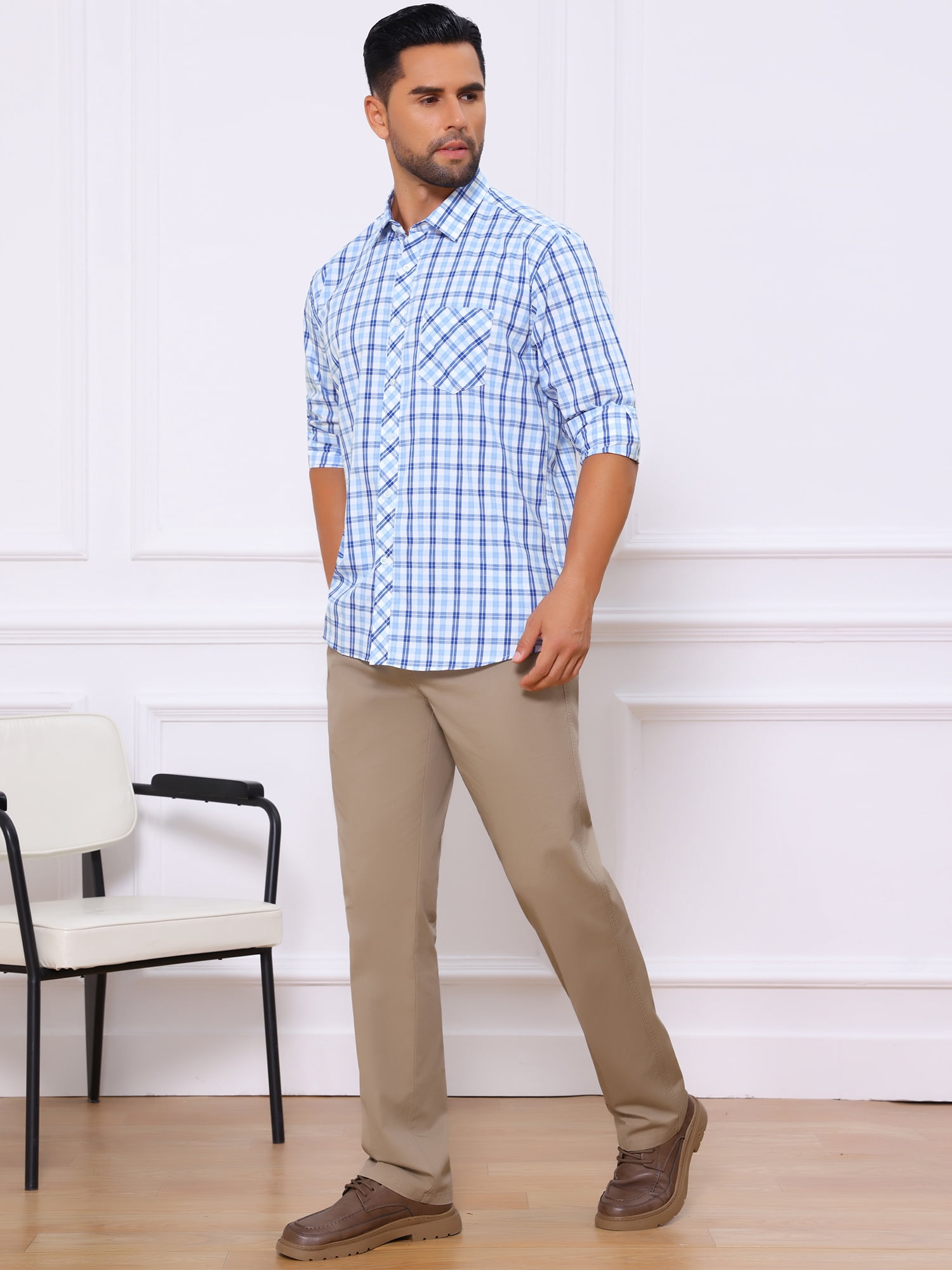 DARING DIVA Men's Long Sleeve Checked Shirt Point Collar Button Plaid Shirt XL White Blue