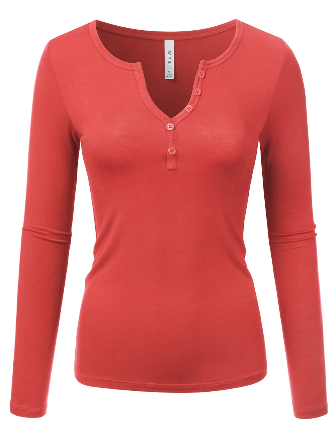 Doublju Women's Long Sleeve Basic Henley Deep VNeck Button Placket T