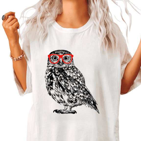 UNISHE Womens Nerdy Owl with Red Glasses Graphic Short Sleeve Crewneck T-Shirt S-5XL White Tops